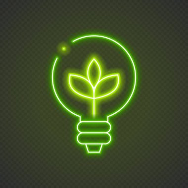 Yaprak ikonlu parlak neon çizgili ampul. Çevre enerjisi kavramı. Alternatif enerji kavramı. Parlayan neon. Vektör illüstrasyonu