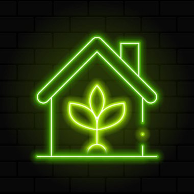 Parlayan neon hattı çevre dostu ev ikonu. Yapraklı eko ev. Ev yaprağı neon evi. Parlayan neon. Vektör illüstrasyonu