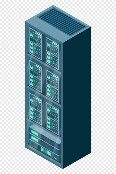 アイソメトリックサーバー ネットワークサーバールーム 3Dコンピュータ機器 保管データベース アイソメトリックテクノロジー ベクターイラスト — ストックベクタ