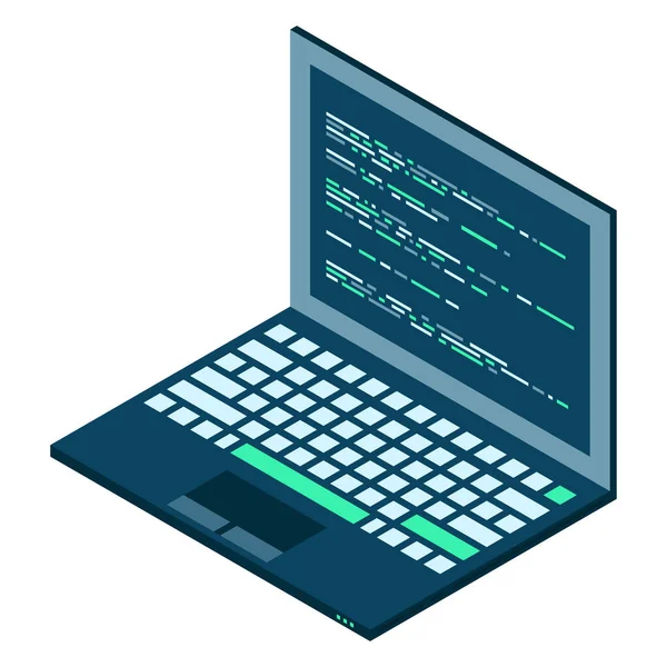 Isometric Laptop. 3D izometrik dizüstü bilgisayar. Bir dizüstü ekranda soyut programlama dili ve program kodu. Vektör illüstrasyonu