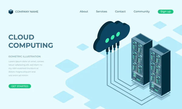 Isometrische Zielseite Für Cloud Computing Cloud Speicherserver Cloud Computing Online — Stockvektor