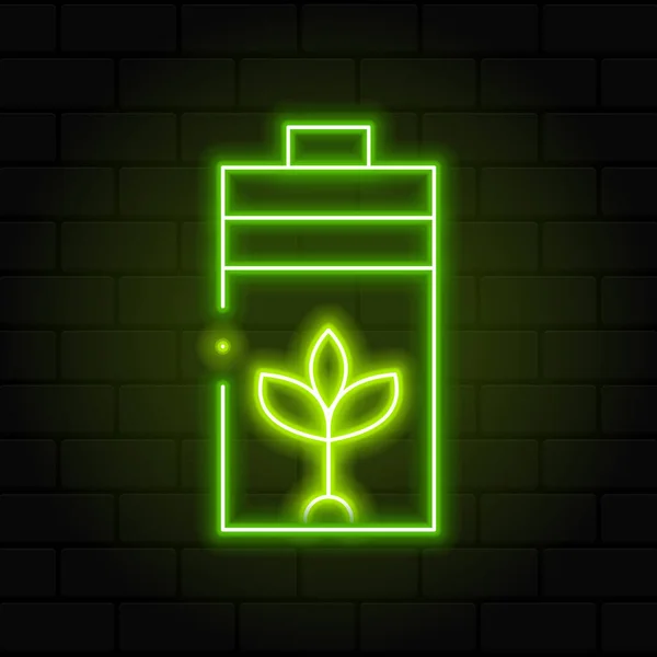 Lumineux Néon Ligne Éco Feuille Nature Icône Batterie Icône Brillante — Image vectorielle