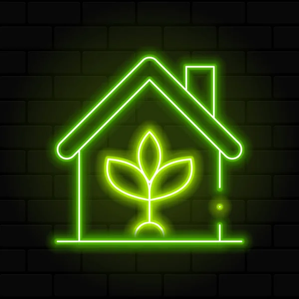 Leuchtende Leuchtschrift Umweltfreundliche Haus Ikone Ökohaus Mit Blatt Haus Blatt — Stockvektor