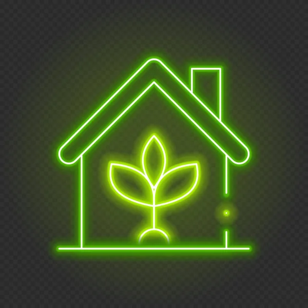Leuchtende Leuchtschrift Umweltfreundliche Haus Ikone Ökohaus Mit Blatt Haus Blatt — Stockvektor
