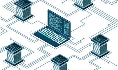 Soyut izometrik yüksek teknoloji kavramı. Bulut depolama izometrik çizimi. Sunucusu olan büyük bir veri merkezi. Sunucu odası. Vektör illüstrasyonu