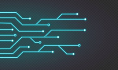 Parlak mavi neon devre çizgileri. Soyut teknoloji neon devre kartı. Dijital devre kartı elemanları. Modern teknoloji tasarımı. Vektör illüstrasyonu