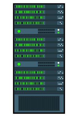 Sunucu rafı. Sunucu odası veri merkezi. Ağ sunucusu izole edildi. Düz dizaynlı sunucu. Vektör illüstrasyonu