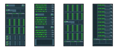 Çeşitli sunucu rafları. Dolaplardaki sunucu. Sunucu odası veri merkezi. Düz dizaynlı sunucu. Vektör illüstrasyonu