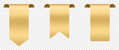 İndirim ve yeni etiket koleksiyonu. Altın kurdele afişi. Parlak ipeksi kurdele. Kurdele seti. Alışveriş etiketleri. Satış ikonları. Vektör illüstrasyonu