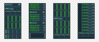Çeşitli sunucu rafları. Dolaplardaki sunucu. Sunucu odası veri merkezi. Düz dizaynlı sunucu. Vektör illüstrasyonu