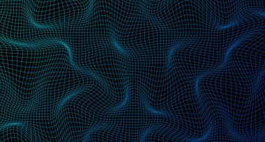 Soyut dalgalı 3 boyutlu ağ. Geometrik dinamik dalga. Karışık kare şebeke. Bükülmüş ağ dokusu. Kablo çerçeve geometri ızgarası. Vektör illüstrasyonu