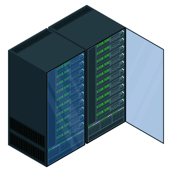 アイソメトリックサーバー ネットワークサーバールーム 3Dコンピュータ機器 保管データベース アイソメトリックテクノロジー ベクターイラスト — ストックベクタ