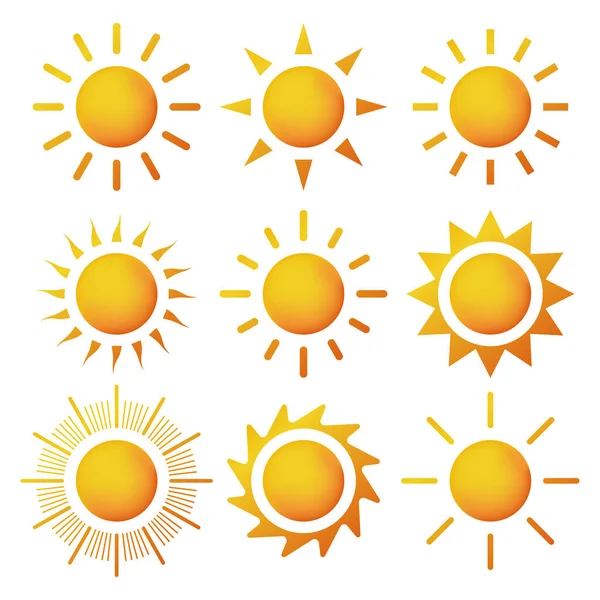 太阳的图标设置 黄色的太阳星星象征着收集 黄色的太阳圈 流行的夏季象征 矢量说明 — 图库矢量图片