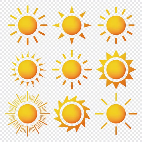 太阳的图标设置 黄色的太阳星星象征着收集 黄色的太阳圈 流行的夏季象征 矢量说明 — 图库矢量图片