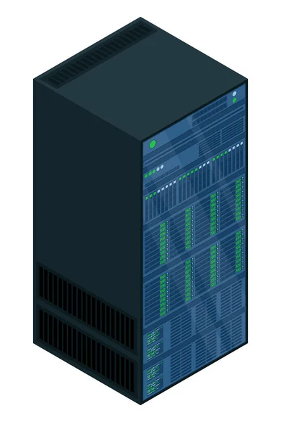 アイソメトリックサーバー ネットワークサーバールーム キャビネット内のサーバー 保管データベース アイソメトリックテクノロジー ベクターイラスト — ストックベクタ