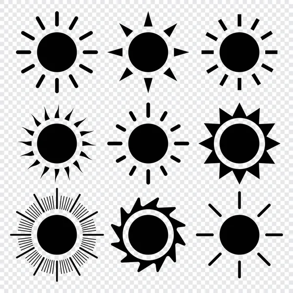 Conjunto Ícones Solares Coleção Ícones Estrela Sol Preto Círculos Sóis —  Vetores de Stock
