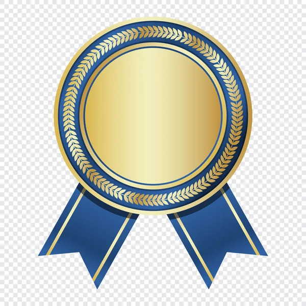 Golden Medal Blue Ribbon Gold Badge Blue Ribbon Blank Gold — Stock Vector