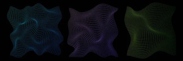 扭曲的霓虹灯网格模式 扭曲的网状纹理 复古庞克设计元素 线框波几何网格 曲线网格元素 矢量说明 — 图库矢量图片