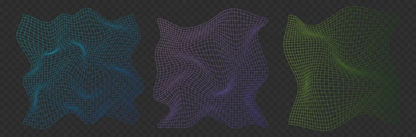 扭曲的霓虹灯网格模式 扭曲的网状纹理 复古庞克设计元素 线框波几何网格 曲线网格元素 矢量说明 — 图库矢量图片
