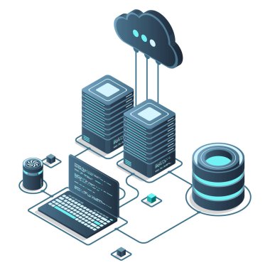 Cloud technology computing concept. Modern cloud technology. Data center isometric concept. Isometric cloud technology with datacenter. Web hosting concept. Vector illustration