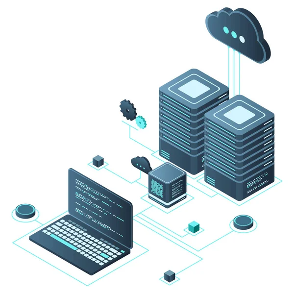 Isometrische Illustratie Van Computertechnologie Berekening Van Big Data Center Cloud — Stockvector