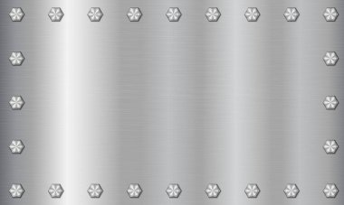 Cıvatalı gümüş metal kaplama. Sürgülü alüminyum plaka. Çelik arka plan. Vektör illüstrasyonu