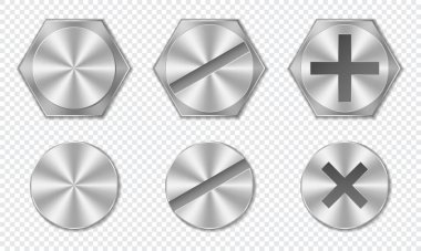 Metal cıvata başlıkları. Vida ve cıvata kafa üst görünüm. Çelik metal civatalar. Vektör illüstrasyonu