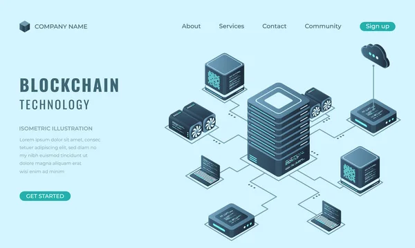 Isometrische Blockchain Technologie Landing Page Concept Isometrische Cryptogeld Digitale Technologie — Stockvector