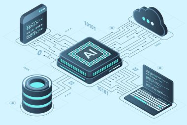 Isometric artificial intelligence chip concept. Artificial Intelligence server. Futuristic microchip processor. Isometric cloud computing. Vector illustration clipart