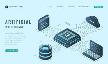 Isometric Yapay Zeka İniş sayfası konsepti. Makine öğrenme teknolojisi. Dijital teknoloji web sitesi iniş sayfası. Vektör illüstrasyonu