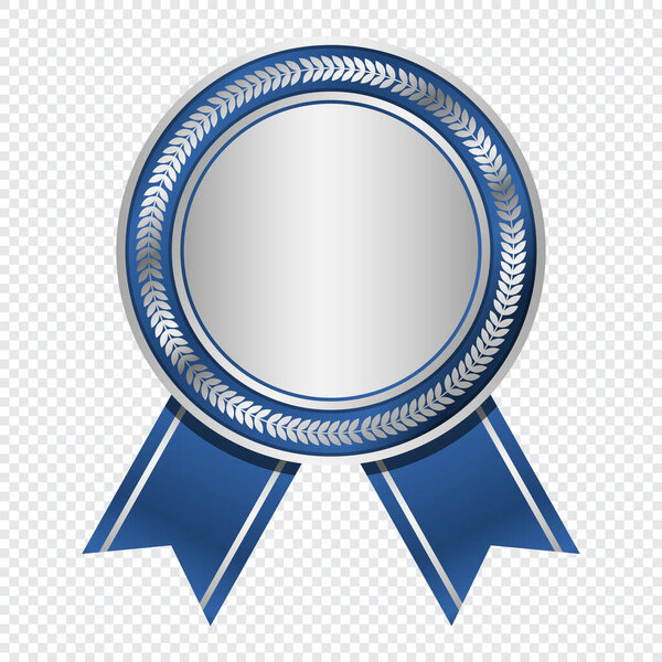 Серебряная медаль с голубой лентой. Серебряный значок с голубой лентой. Чистая серебряная медаль. Чемпион и победитель награждает спортивную медаль. Векторная иллюстрация