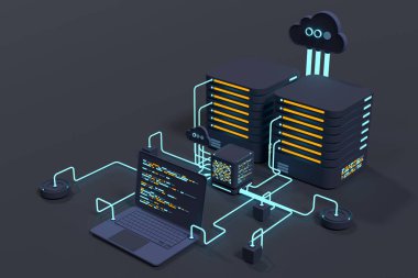 Bilgisayar teknolojisi 3 boyutlu illüstrasyon. Büyük veri merkezinin hesaplanması. Bulut hesaplama. Çevrimiçi aygıtlar bilgiyi yükler ve indirir. Modern üç boyutlu illüstrasyon. 3B görüntüleme