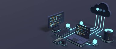 Bulut teknolojisi bilgisayar konsepti. Modern bulut teknolojisi. Veri merkezi izometrik konsepti. Veri tabanında 3 boyutlu bulut teknolojisi. Web sunucu konsepti. 3B görüntüleme