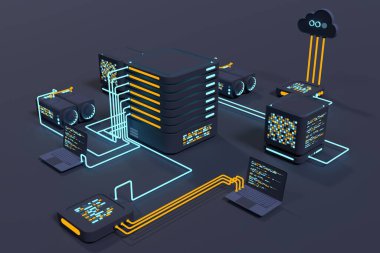 Bilgisayar teknolojisi 3 boyutlu illüstrasyon. Büyük veri merkezinin hesaplanması. Bulut hesaplama. Çevrimiçi aygıtlar bilgiyi yükler ve indirir. Modern üç boyutlu illüstrasyon. 3B görüntüleme