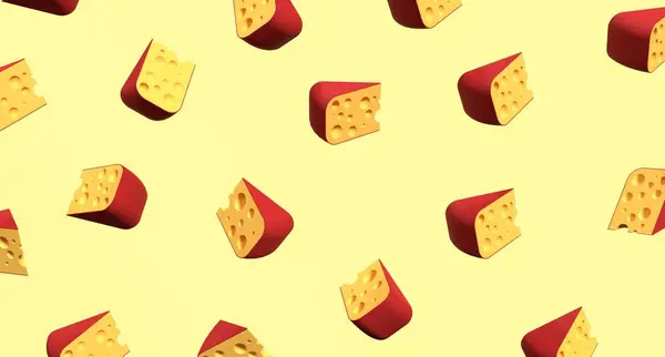 Pieces of cheese icon. Cheese pieces on yellow background. 3D render of a cheese. Cheese concept. Banner with food. 3D rendering