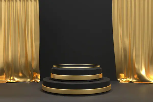 Renderização Degraus Pedestal Pódio Ouro Com Cortina Pódio Ouro Moderno — Fotografia de Stock