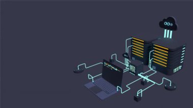 Bilgisayar teknolojisi 3 boyutlu animasyon. Büyük veri merkezinin hesaplanması. Bulut hesaplama. Çevrimiçi aygıtlar bilgiyi yükler ve indirir