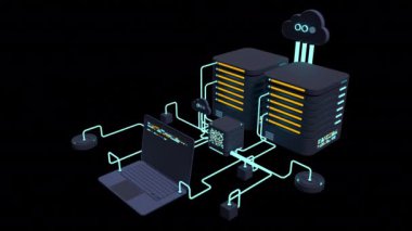 Bilgisayar teknolojisi 3 boyutlu animasyon. Büyük veri merkezinin hesaplanması. Bulut hesaplama. Çevrimiçi aygıtlar bilgiyi yükler ve indirir. Alfa kanalı ile şeffaf arkaplan