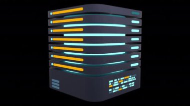 3 boyutlu sunucu animasyonu. Bilgisayar sunucusu 3D görüntüleme. Bulut hesaplama. Alfa kanalı ile şeffaf arkaplan
