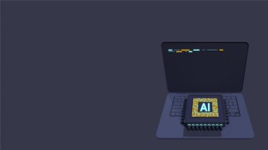 3 boyutlu dizüstü bilgisayarı mikroçip animasyonuyla donat. Yapay zeka çipi donanımı konsepti. Dizüstü bilgisayarda fütürist mikroçip. Dizüstü bilgisayar yapay zekası