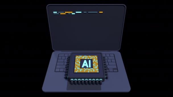 3D用微晶片动画渲染笔记本电脑 人工智能芯片硬件的概念 笔记本电脑上的未来派微晶片笔记本电脑的人工智能 具有Alpha通道的透明背景 — 图库视频影像