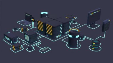 Bilgisayar teknolojisi 3 boyutlu animasyon. Büyük veri merkezinin hesaplanması. Bulut hesaplama. Çevrimiçi aygıtlar bilgiyi yükler ve indirir