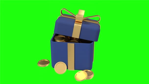 Open Gift Box Golden Coins Ribbon Animation Money Prize Reward — Stock Video