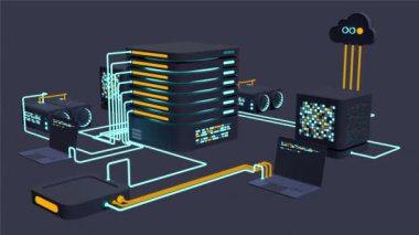 Bilgisayar teknolojisi 3 boyutlu animasyon. Büyük veri merkezinin hesaplanması. Bulut hesaplama. Çevrimiçi aygıtlar bilgiyi yükler ve indirir