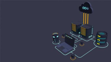 Bulut teknolojisi animasyon hesaplama. Modern bulut teknolojisi. Veri merkezi izometrik konsepti. Web sunucu kavramı