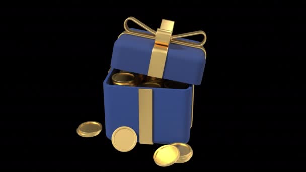 Otwarte Pudełko Prezentów Złotymi Monetami Wstążką Animacji Nagroda Pieniężna Zdobądź — Wideo stockowe