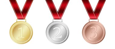 Altın, gümüş ve bronz madalya. Gerçekçi madalya seti. Kazanana ödül. Kurdeleli ödül. Madalya vektörü seti