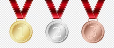 Altın, gümüş ve bronz madalya. Gerçekçi madalya seti. Kazanana ödül. Kurdeleli ödül. Madalya vektörü seti