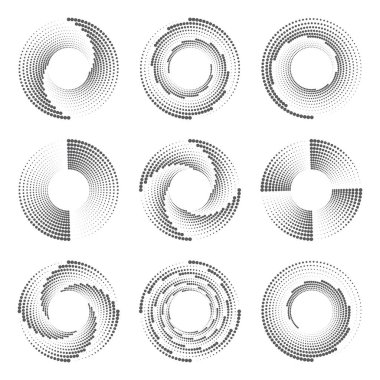 Yarım tonluk dairesel noktalı çerçeveler ayarlandı. Yuvarlak noktalı çerçeve. Dönen noktalı daireler dizaynı. Yarım ton koleksiyonu. Yuvarlak logo