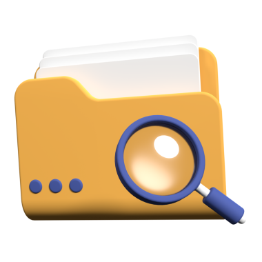 3 boyutlu büyüteç ve dosyalar içeren sarı klasör. Belge araması kavramı. Dizini 3D olarak ara. 3d resimleme